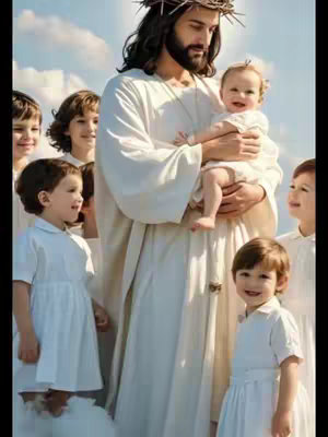 A serene image depicts Jesus, portrayed with long, dark hair and a beard, wearing a crown of thorns. He is holding a baby and is surrounded by several children, all wearing white robes. The background is a clear, light blue sky.