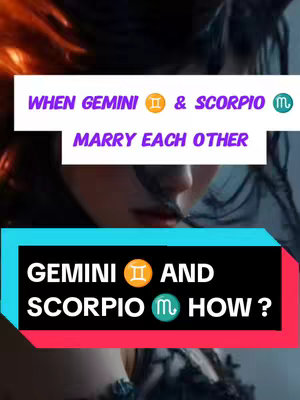 The cover image features a split screen with a woman's face in the background. The top section contains the text 'WHEN GEMINI & SCORPIO MARRY EACH OTHER' in white text within a purple rectangle. The bottom section has the text 'GEMINI AND SCORPIO HOW?' in a larger black font within a teal and red rectangle.