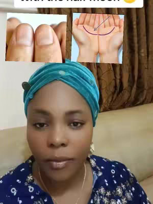 A woman with a teal turban sits in front of a beige background. The image is split into three sections. The top left shows close-up of two fingernails, the top right shows a hand with lines marked and a curved arrow. The woman is the main focus and has a neutral expression, wearing a dark blue top.