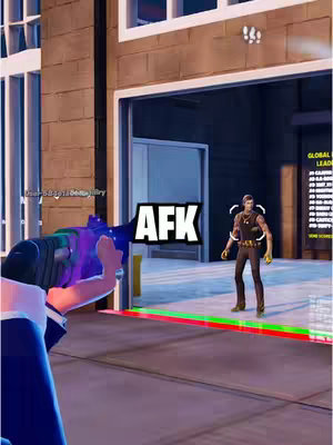 A first-person view of someone aiming a gun at a figure standing inside a building. The gun is held up in the lower left, while the figure is centered in a doorway. The text "AFK" is overlaid.