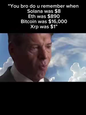 The cover image shows a man looking upwards with a wistful expression, set against a background of a blue sky with white clouds. Overlaid text lists the value of several cryptocurrencies.