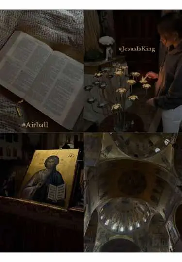 A four-panel image depicting various religious scenes. Top left shows an open bible with sunlight, top right shows a person lighting candles with candles as flower, bottom left features a religious icon with reading with Jesus, bottom right includes a dome painting