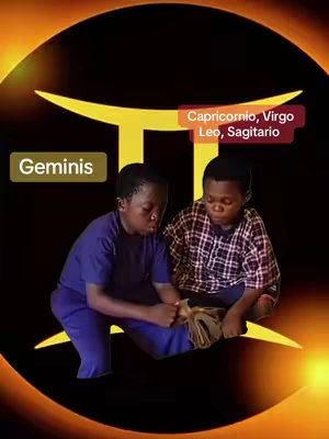 Two young boys are in the center of the image, set against a dark background with an orange-yellow design. The boys are positioned closely together, with the one on the left wearing a blue shirt and appearing to be holding the other's hand, while the one on the right is in a plaid shirt. Text overlays include the word "Geminis" in the top left corner, and "Capricornio, Virgo, Leo, Sagitario" in a red bubble above the heads, suggesting astrological themes.