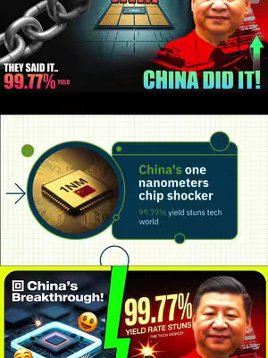 The cover image is a composite, vertically divided into sections. The top section features a dark background with a 3D chain and text "THEY SAID IT.. 99.77% YIELD" on the left, while on the right, a picture of a person (likely Xi Jinping) is present, with the text  "CHINA DID IT!". In the middle, a circular element contains a microchip with a flag in the background, along with the text "China's one nanometers chip shocker 99.77% yield stuns tech world". At the bottom section is a similar image of the person and the text "99.77% YIELD RATE STUNS THE TECH WORLD". The overall layout uses a color palette of blues, greens, and reds, suggesting contrasting ideas. The layout utilizes multiple images layered and arranged to create a collage-like effect.