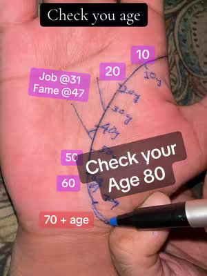 A close-up shot of a hand with lines drawn on it. Multiple text boxes with numbers and phrases are placed on the hand, with a marker pointing at the palm lines.