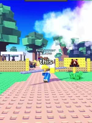 A Roblox game scene featuring a character running down a pink brick pathway towards the viewer. The setting includes pixelated trees, a bright blue sky with fluffy white clouds, and a yellow fence. The word "this" is in a bold, white font overlayed on the image to draw attention.