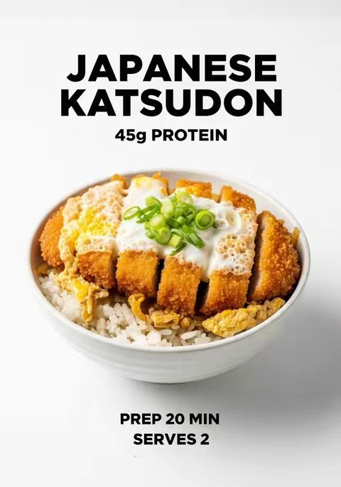 A beautifully presented image featuring Japanese Katsudon. A white bowl sits center frame, filled with fluffy white rice. Over the rice, cooked pork cutlets are arranged, cut into bite-sized pieces, topped with a creamy, egg-based sauce and garnished with green scallions. The overall composition is clean and appetizing, set against a bright white background. Bold black text at the top reads "JAPANESE KATSUDON" with "45g PROTEIN" beneath it. At the bottom, we see instruction text "PREP 20 MIN SERVES 2".