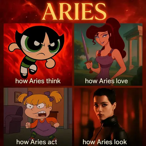 A graphic featuring four quadrants, each with a different illustration and text. The top left shows a Powerpuff Girl with an angry face, the top right shows Megara from Hercules with a sword, the bottom left shows Angelica from Rugrats, and the bottom right shows Catwoman. The text says 'ARIES' at the top.