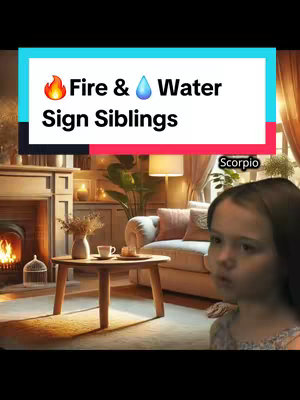 The cover image is a vertical shot featuring a room interior with a girl on the right side, and a text overlay in the top center. The room appears to be a cozy living room with a fireplace on the left, a round coffee table in the middle, a sofa and a window with curtains. The text overlay is on a light blue and pink background, with the text "Fire & Water Sign Siblings" in white. On the top right corner it has "Scorpio" in white. The girl is looking to the left.