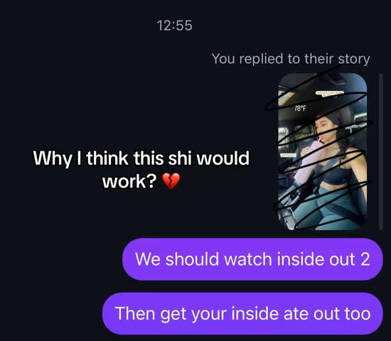A screen capture of a text message conversation overlayed on an image of a woman in a car; the car interior shows parts of the front seat and a black dashboard. The woman has long hair and is wearing a black sports bra and gray leggings.