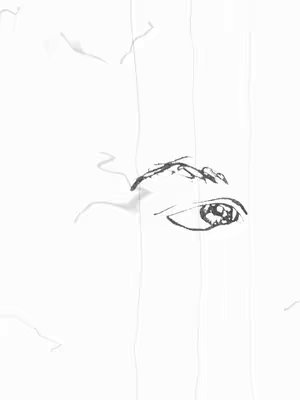 A black and white sketch of an eye, eyebrow, and a portion of the face. The image appears to be a close-up, with focus on the eye's details. Vertical lines are drawn behind the face, partially obscuring the features. The style suggests a hand-drawn illustration.