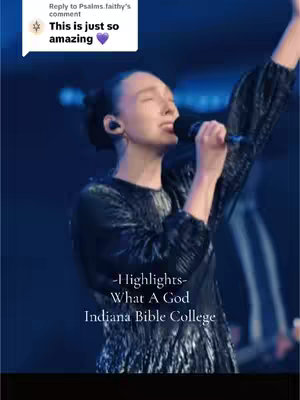 A woman with dark hair and a black, sequined dress is holding a microphone and singing with her eyes closed. Text overlays include a comment bubble and text that says '-Highlights- What A God Indiana Bible College'. The background is dark, with bright lights.