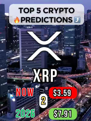 The cover image is a vertical graphic showing a cityscape with a cryptocurrency theme. Overlayed is the XRP logo and a text overlay that lists 'TOP 5 CRYPTO PREDICTIONS.' Below the logo, the text 'XRP' is prominently displayed in bold, white letters, with predictions for 'NOW' and '2026' with associated values. The background shows city buildings and highways at dusk or night, suggesting trading.