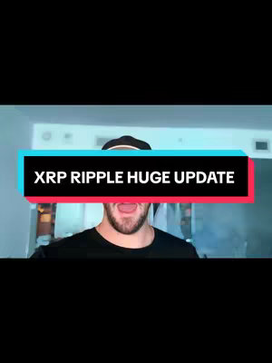 A person with a beard is centered in the frame, with the mouth open. The background shows hints of a room with lights and fixtures. A banner-style text overlay at the top of the frame reads "XRP RIPPLE HUGE UPDATE".