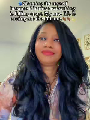 A woman with long, dark hair is the main subject. She has a fair complexion, red lipstick, and is wearing a patterned top. Text overlayed above her reads a relatable, self-deprecating quote.