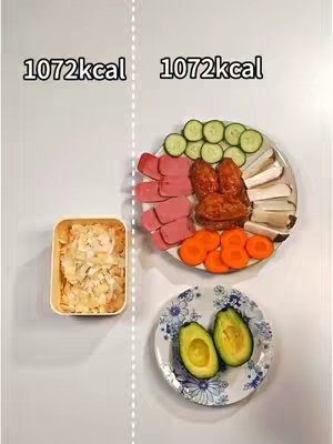 A top-down view showcases a white surface divided by a vertical white line. On the left, a small, rectangular container holds food. To the right, a plate is filled with various food items. Another smaller plate is situated below the larger one, displaying avocados.
