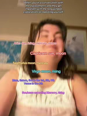 A person is centered in the image, their face slightly blurred but recognizable, with text overlays indicating astrological placements. The background consists of a room with a painting and a blue-toned wall or backdrop, with text elements overlayed.
