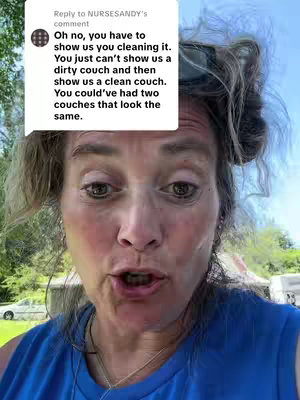 The cover image is a selfie-style video shot. The frame closely focuses on the upper part of the face of a woman with fair skin. She has light-colored hair that looks to be partially up, and she's wearing a blue shirt. In the background, are green trees and some blurry structures.