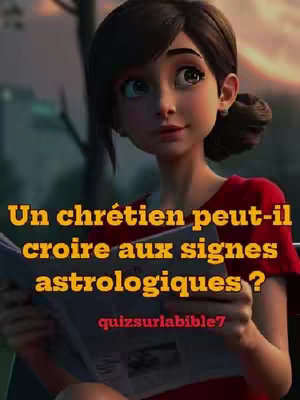 A cartoon-style image features a young woman with brown hair holding a newspaper against a blurred background. Text overlays are present in yellow and red, asking a question about believing in astrology. The woman has a thoughtful expression.