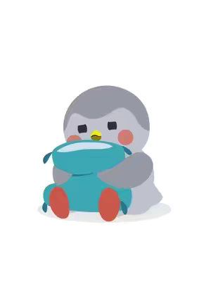 A cartoon image of a bird-like figure sitting and hugging a blue pillow. The figure has a round gray head with small black eyes, a yellow beak, and pink cheeks. It is wearing grey clothes and has orange feet. It is set against a white background.