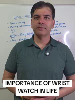 A man in a green polo shirt stands in front of a whiteboard with handwritten notes on it. Below him, a text overlay reads "IMPORTANCE OF WRIST WATCH IN LIFE."