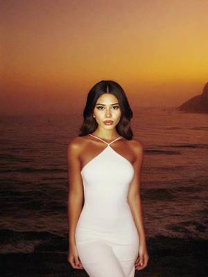 A woman in a white halter dress stands facing the camera. The background features the ocean with a sunset.