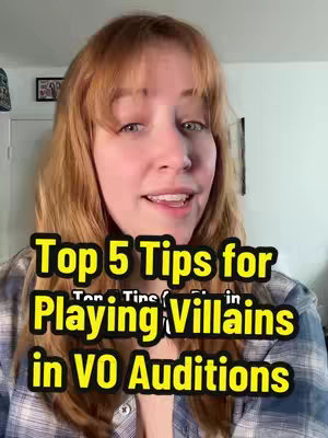 A woman with reddish-blonde hair looks directly at the camera. Overlaid on her image is a yellow and black text box with a phrase that suggests tips about playing villains in voice-over auditions.