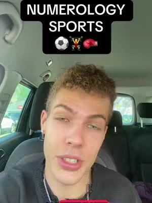 A young man with curly hair is seated inside a car, looking directly at the camera and speaking with a neutral expression. Above him is a black banner with white text that says 'NUMEROLOGY SPORTS'. Below the text are three emojis: a soccer ball, a person celebrating with their arms raised, and a boxing glove. The background includes the car’s interior, with the back of the seats, and some glimpses of the outside, which seems to be lit by daylight.