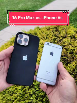 A person holds an iPhone 16 Pro Max and an iPhone 6s in front of a green bush. A text overlay reads '16 Pro Max vs. iPhone 6s' in a pink box.