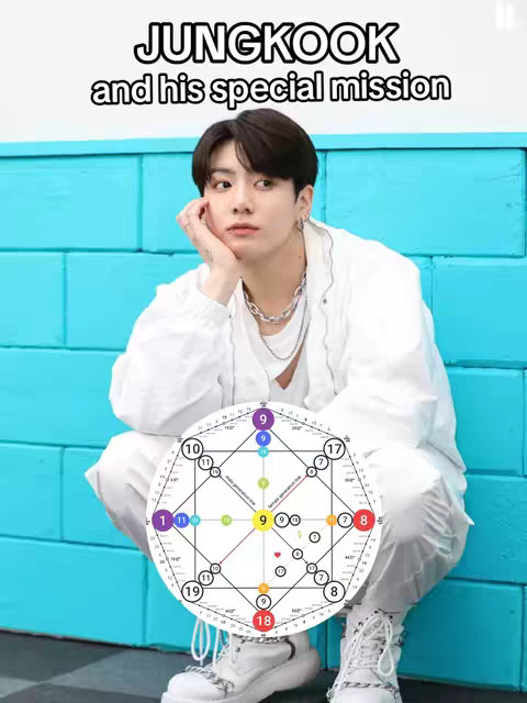 The cover image features Jungkook of BTS, seated and looking towards the viewer. Behind him is a textured cyan-colored wall. A circular diagram filled with shapes, numbers, and lines lies in front of him. Text overlays at the top say "JUNGKOOK and his special mission."