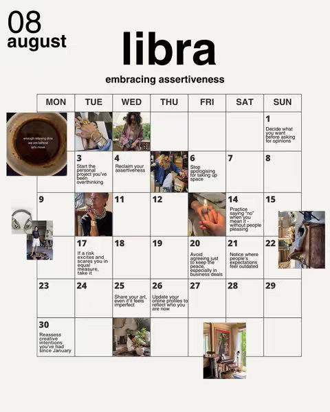 A calendar-style graphic with the word Libra at the top, the number 08 and the word august in the corner and smaller photos in each day's area with a description of what that day signifies.