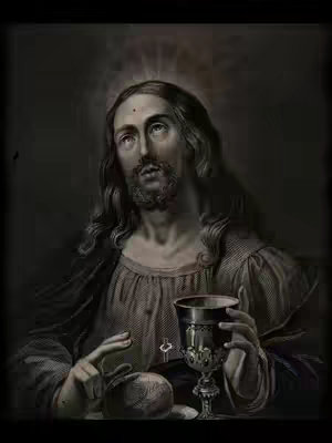 A grayscale image depicting Jesus holding a chalice and looking upwards, with a halo effect around his head. The image has a vintage, illustrative style.