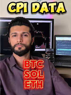 A man with a beard looks directly at the camera. The background features computer monitors displaying financial charts, and text overlays highlighting 'CPI DATA' at the top and 'BTC SOL ETH' at the bottom, with each word prominently highlighted.