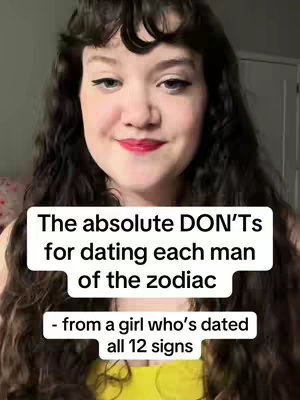 A medium shot of a woman with dark curly hair and red lipstick. She is smiling and looking directly at the camera. Text overlaid on the image reads, 'The absolute DON'Ts for dating each man of the zodiac - from a girl who's dated all 12 signs.'