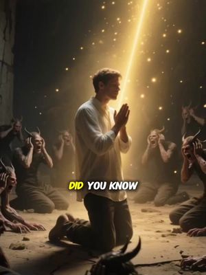 A digitally created image of a man kneeling in prayer, illuminated by a beam of light descending from above. Behind him are several demonic figures with horns, clawed hands, and terrified expressions. The scene is set in a dimly lit, stone-walled environment, emphasizing a stark contrast between the praying man and the surrounding figures. The text overlay reads 'Did You Know'.
