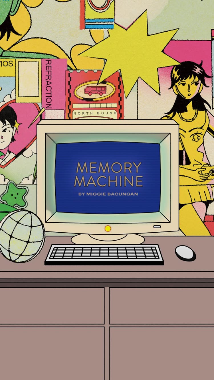 The cover image is a stylized illustration reminiscent of the early internet era. In the center is an old computer monitor displaying the words 'MEMORY MACHINE' in a bold, gold color set against a dark blue screen. Below the title is the text 'BY MIGGIE BACUNGAN'. The monitor sits on a desk with a keyboard, mouse, and a few other retro digital art elements – a graphic of a planet, a starburst, a ticket that says 'NORTH BOUND' with a bus illustration, and a cartoon character next to the monitor. The overall palette is a mix of bright, primary colors like yellow, red, blue, and green. The style is graphic and illustrative, evoking a sense of nostalgia.