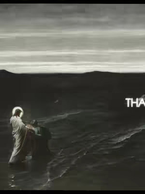 The image depicts Jesus Christ extending a helping hand to another figure in the water, evoking both a sense of solemnity and of hope. Dark shades dominate the color palette, contrasting with the glowing light highlighting the figures. The sky is overcast, creating a dramatic visual.