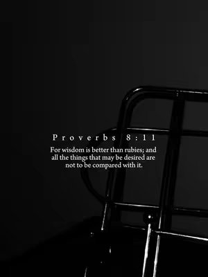 A grayscale image featuring text from Proverbs 8:11 against a dark background. The text is positioned above a blurred, metallic, curved structure, possibly the back of a chair or a similar object. The overall composition is minimalist and focused, drawing attention to the biblical quote.