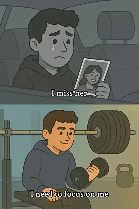 The image is a split design featuring two panels. The top panel, rendered in grayscale, depicts a young man inside a car, looking sad and holding a framed photograph of a woman. The lower panel is more colorful, showing the same young man, now smiling, in a gym setting lifting a dumbbell, signifying a focus on personal improvement. Text overlays across the image provide emotional context.