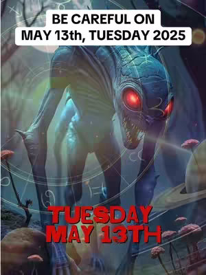 The image shows an alien-like creature with a blue-grey skin tone and red glowing eyes. It is set against a backdrop of planets, nebulas and a symbolic style. The text overlayed reads "BE CAREFUL ON MAY 13th, TUESDAY 2025" in a bold white font. Below the creature, the text "TUESDAY MAY 13TH" is visible in red font.