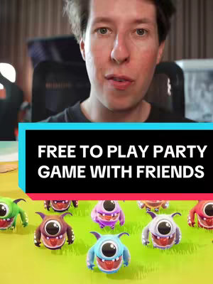 A cover image featuring a man looking up, with a black text box across the bottom that reads "FREE TO PLAY PARTY GAME WITH FRIENDS." Below that is a cartoon field with small, colorful, one-eyed alien creatures.