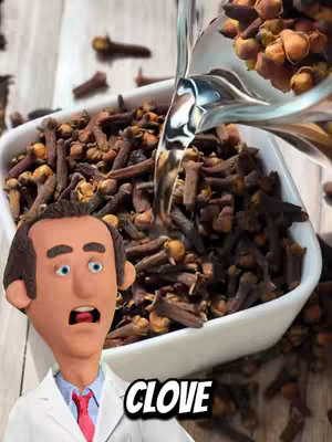 A graphic depicting cloves in a white bowl with water being poured over them by a cartoon character. The character is a man wearing a lab coat and has a concerned expression. The bowl of cloves sits on a wooden surface. The word 'CLOVE' is written in a black and white box below.
