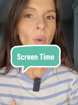 A woman is shown in a close-up shot, her face centered in the frame. She's wearing a striped blue and white shirt and has her mouth slightly open, as if speaking. A teal speech bubble with the text 'Screen Time' in white is placed over her face, and a small black microphone is attached to her shirt. Her hair is brown and styled with a middle part.