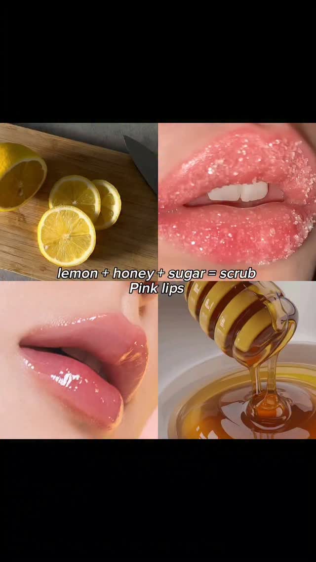 The image is a split composition with four quadrants. The top left shows sliced lemons on a wooden board next to a knife. The top right shows close up of a mouth covered in sugar. The bottom left shows pink glossed lips. The bottom right shows honey dripping off a honey dipper.  