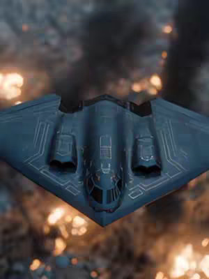 A top-down view of a stealth bomber is shown from the front, angled slightly upward. The bomber is dark grey with lighter grey accents, set against a backdrop of dark grey smoke and flames, suggesting a war scene.