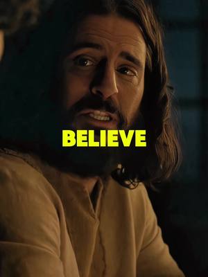 The image shows a man with long, dark hair and a beard. He is looking upwards with a concerned expression. The word "BELIEVE" is displayed in large, yellow letters across the center of the image.