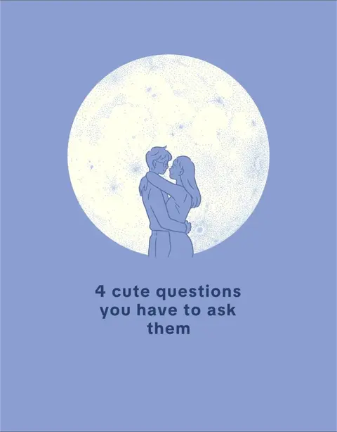 The cover image has a light purple background. In the center is an illustration of a full moon with a stippled texture. Beneath the moon, a couple is shown embracing, silhouetted against the moon. The text overlay reads, "4 cute questions you have to ask them," in a darker purple font.