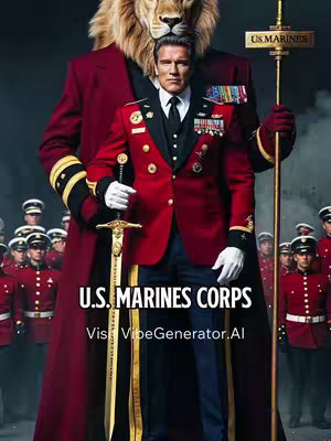 An AI-generated image featuring a man in a red U.S. Marine Corps uniform standing in front of a lion figure. Text overlays read 'U.S. MARINE CORPS' and 'Visit VibeGenerator.AI'. A group of uniformed figures are in the background.