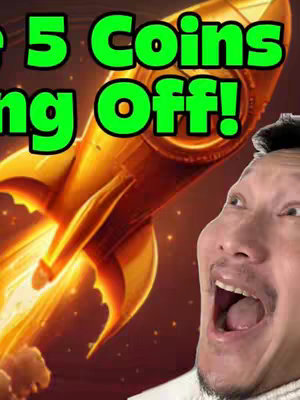 The cover image features a man making a surprised or excited facial expression with his mouth open. The background is a fantasy scene with a gold rocket launching upwards against a backdrop of glowing red and orange hues. Text overlays in large, bright green font reading "Top 5 Coins Taking Off!" are prominent above the rocket and the man’s face.