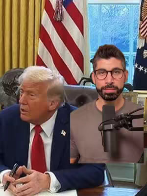 The cover image shows a split screen. On the left, it features a person who appears to be Donald Trump, wearing a blue suit and a red tie, seated behind a desk in a room with golden curtains and a US flag. On the right, a man is shown in front of a microphone, wearing glasses and a brown shirt.